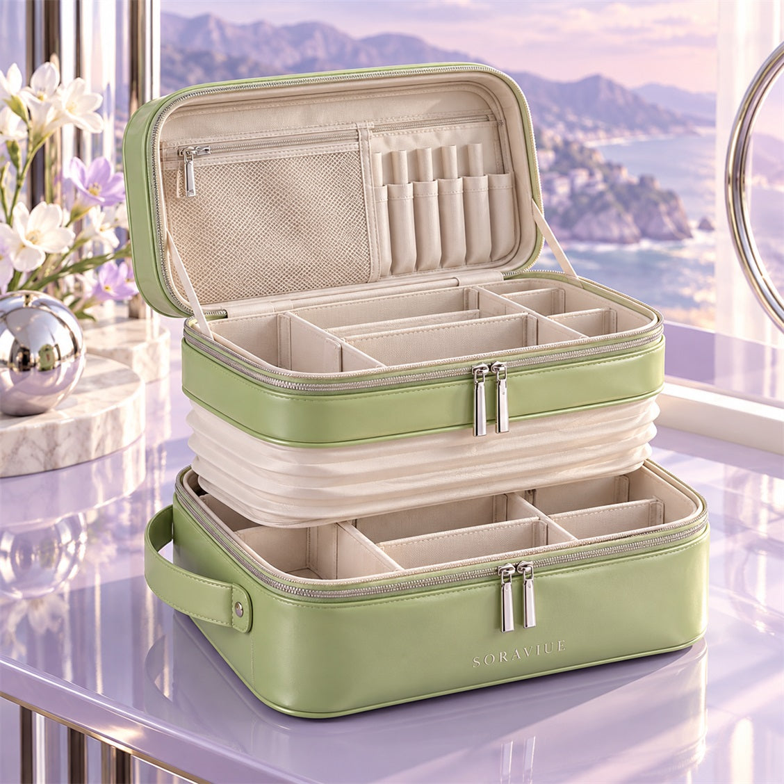 Soraviue Two-Level Travel Makeup Case open organization view