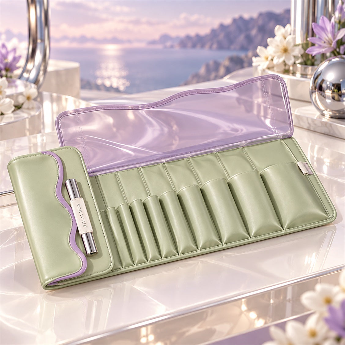 Soraviue Roll-Up Brush Organizer open organization view